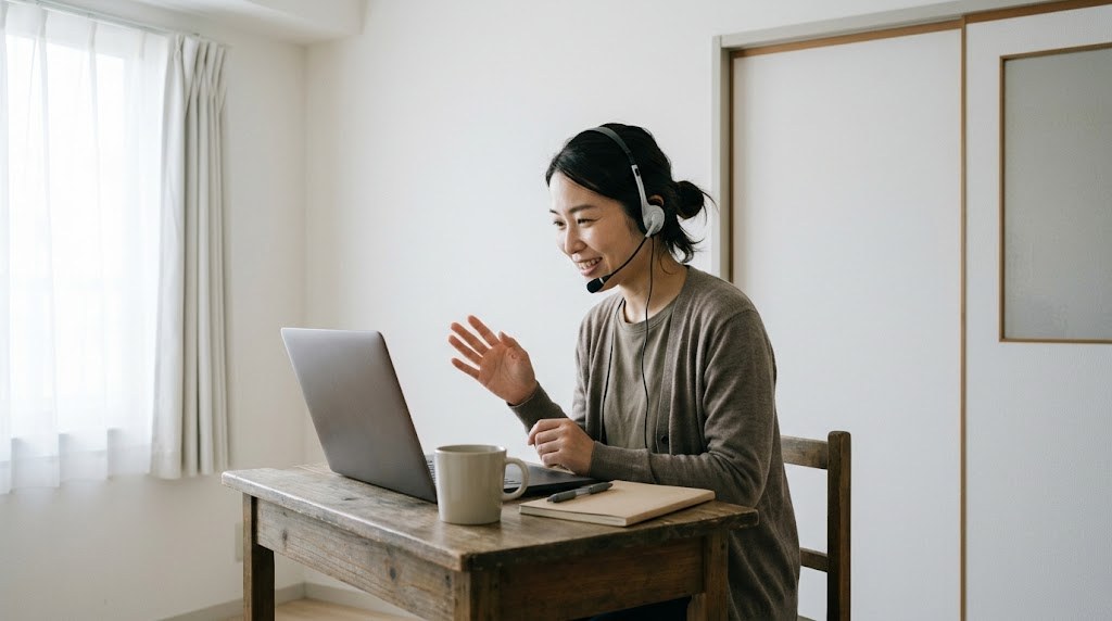 教員から独立したフリーランスの先生が、自宅の机でノートパソコンを開きオンラインで授業をする場面(イメージ)