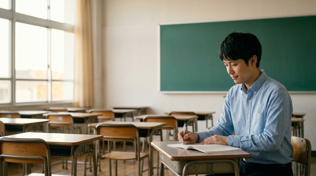 教員の独立を調べる先生が退職後の働き方を考え、放課後の教室でノートに3つの道を書き出す場面(イメージ)