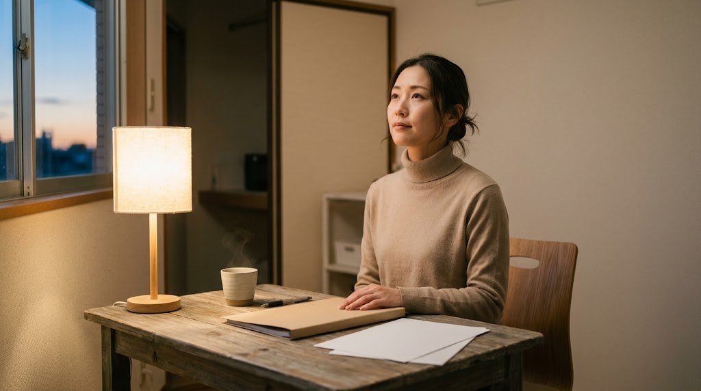 教員の冬のボーナスと辞める時期の関係を、冬の夜に自宅の机で落ち着いて整理する30代の先生（イメージ）