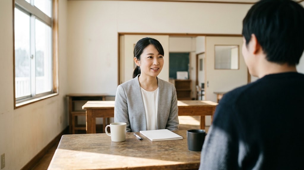 教員の冬のボーナスだけで決めず、この先の道を同僚と明るい部屋で話し合う20代の先生（イメージ）
