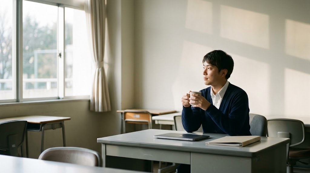 教員の冬のボーナスはいくら・いつかを考える、12月の放課後の職員室にいる20代の先生（イメージ）
