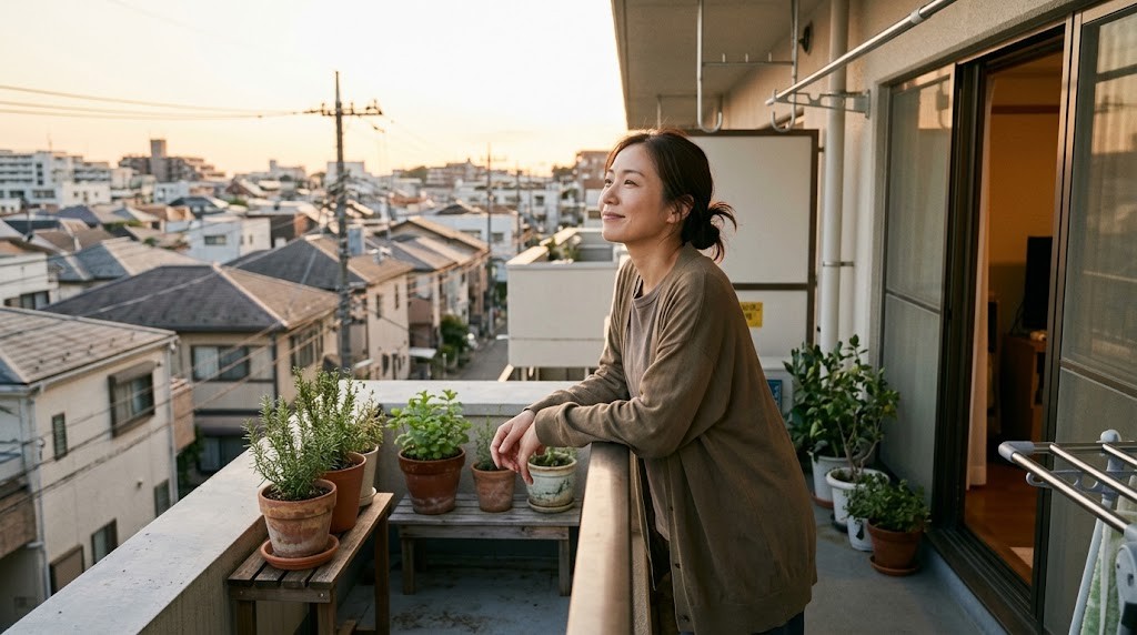 保護者対応のストレスが限界だと感じた教員が、夕方のベランダで深呼吸をしてこれからの道を考える場面（イメージ）