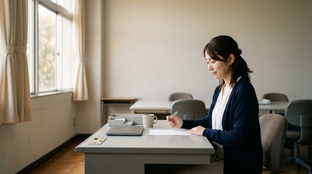 教員の異動希望の書き方を考えながら、秋の放課後の職員室で白紙の用紙に向かう20代の先生（イメージ）