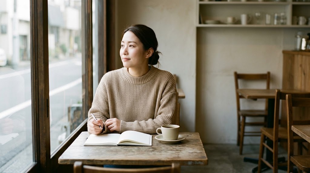 教員の異動希望を出す前に、休日のカフェの窓ぎわでノートを開いてこの先の軸を整理する先生（イメージ）