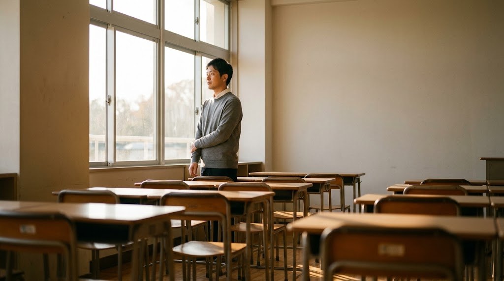教員の異動希望が通らないときのことを、放課後のだれもいない教室で静かに考える30代の先生（イメージ）