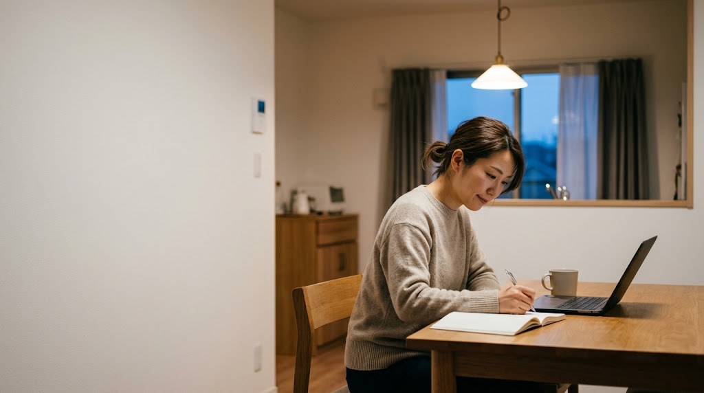 異動の内示を前に、これからの働き方を自宅でノートに書き出して整理する30代の先生(イメージ)