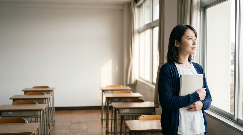 教員の異動の内示がいつ来るか気になる20代の先生が、3月の放課後の教室で窓の外を見る様子(イメージ)