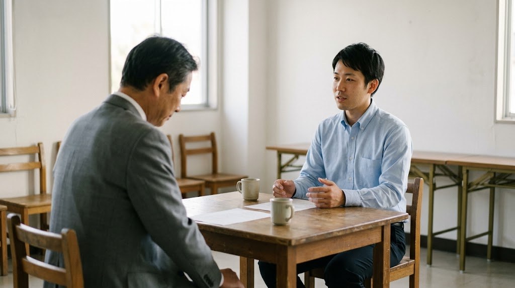 教員の異動の内示の前に、30代の先生が校長との面談で家庭の事情を伝える場面(イメージ)