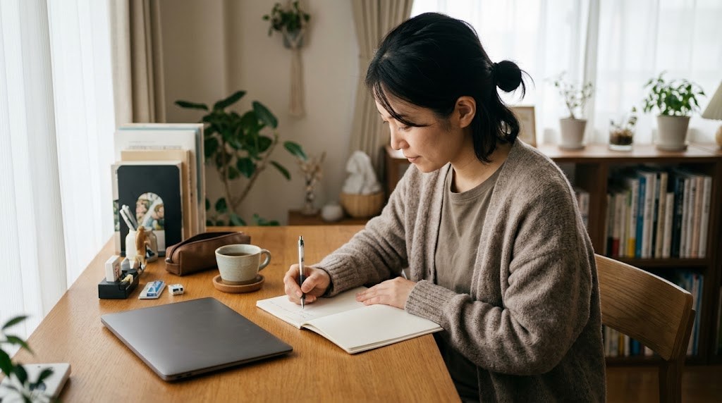 自分らしく働く道を探す教員が、やりたい教育を1文にしてノートに書き出すイメージ