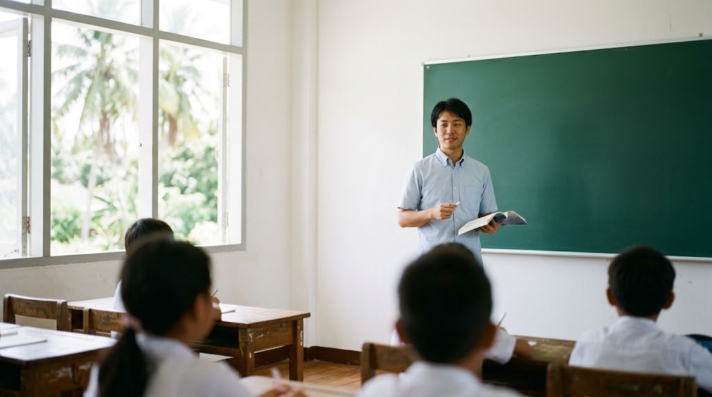 教員が海外で働く場として、日本人学校の明るい教室で黒板の前に立ち授業の準備をする先生の場面（イメージ）