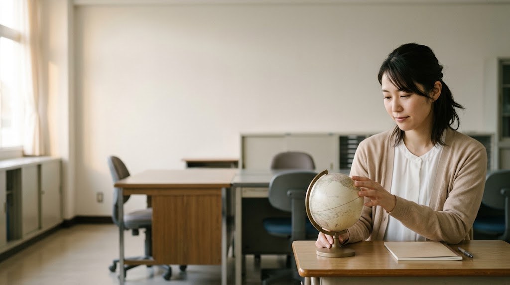 教員が海外で働く方法を調べる先生が、放課後の机で小さな地球儀を見ながら行き先を考える場面（イメージ）