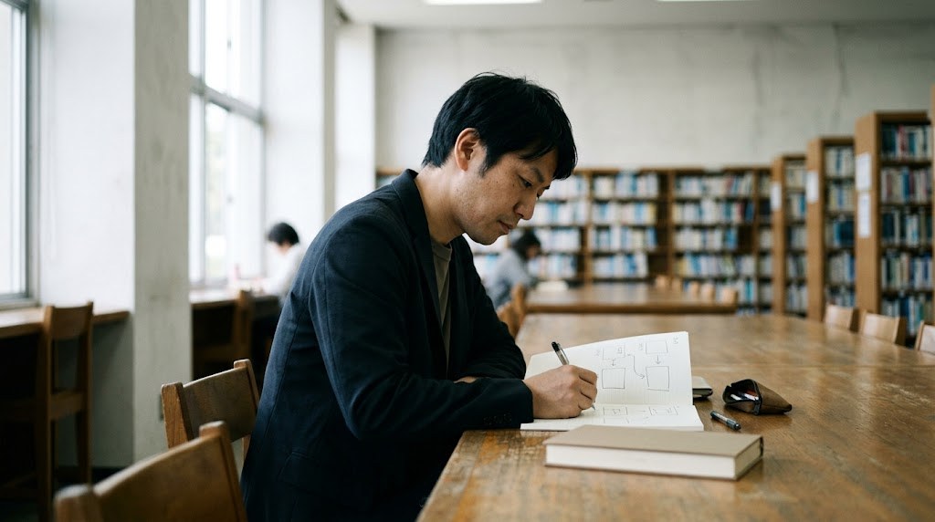 教員経験を活かせる仕事を探す男性の先生が、休日の図書館の机で選択肢をノートに書き比べる場面(イメージ)