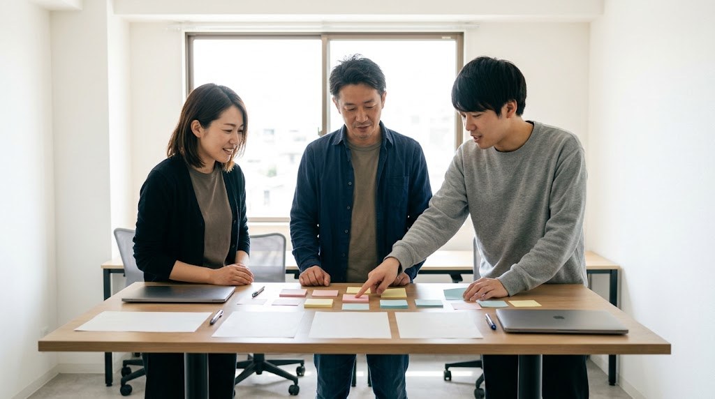 教員経験を活かせる仕事の例として、教育ベンチャーの仲間3人が立ったまま企画を話し合う場面(イメージ)