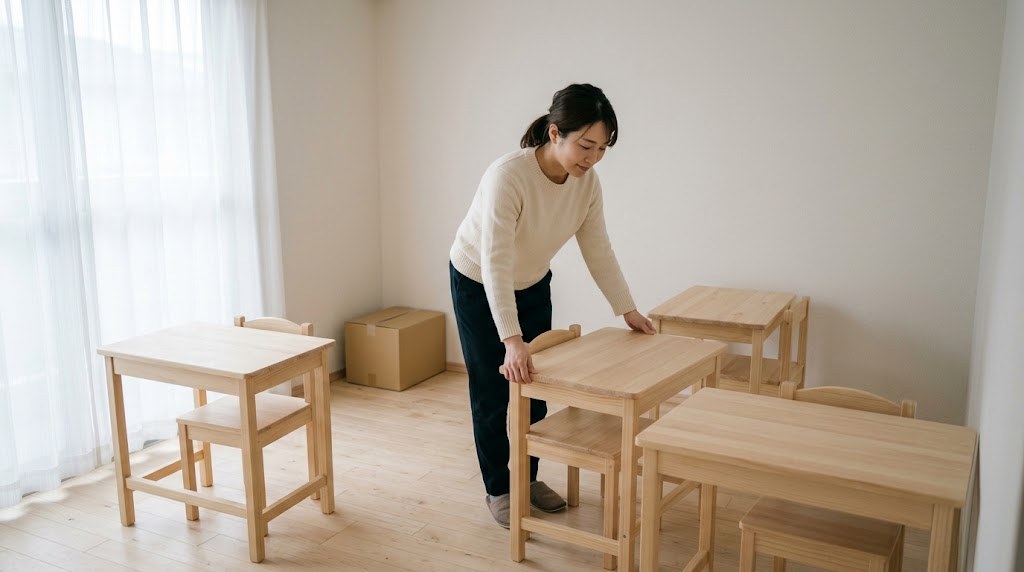 教員の起業アイデアの一つ、小さな教室を開く準備で机を並べる30代の元先生（イメージ）