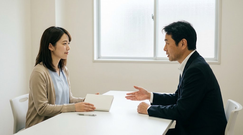 教員が起業の資金について、公的な相談窓口で担当者に話を聞く20代の先生（イメージ）
