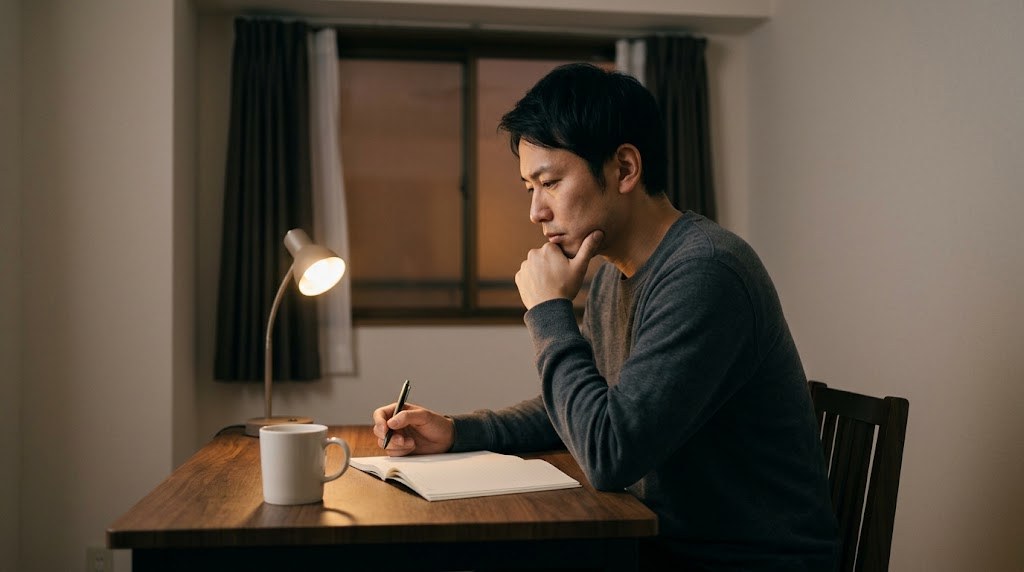 教員が起業の計画を立てるため、自宅の机でノートに考えを書き出す30代の先生（イメージ）