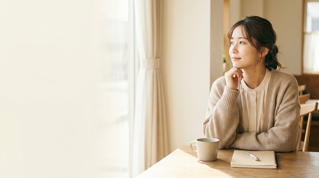 教員はこのままでいいのかと考える先生が、休日のカフェの窓辺でほおづえをついて外を見つめる場面（イメージ）