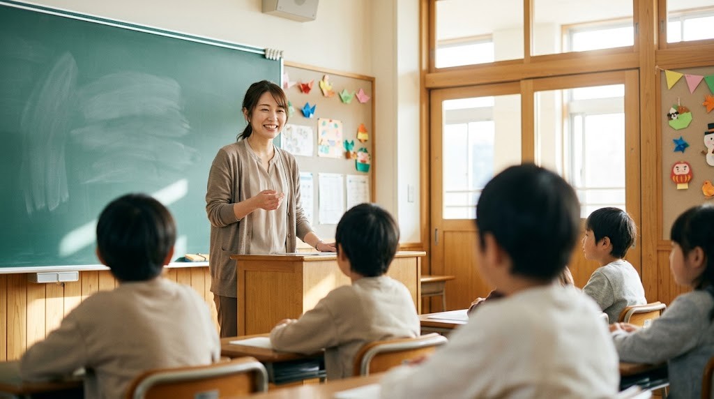 教員はこのままでいいのかという問いに自分なりの答えを出した先生が、朝の教室で子どもたちに笑顔で向き合う場面（イメージ）