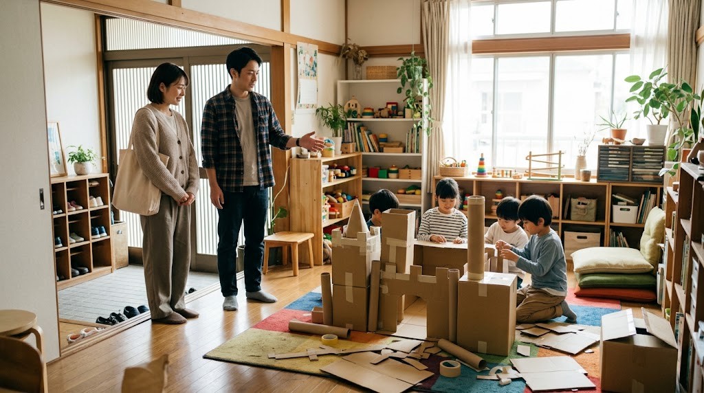 教員はこのままでいいのかと迷う先生が、休日に学校の外の学びの場を見学し、段ボールで工作する子どもたちを見つめる場面（イメージ）