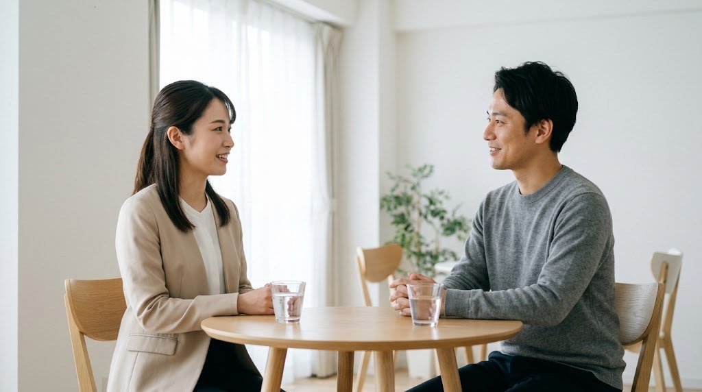 教員の給料が割に合わないと悩む先生が、明るい部屋でキャリアの相談相手と向き合って話す場面（イメージ）