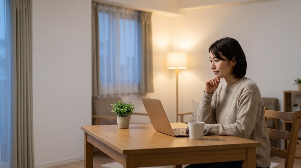 教員の給料が割に合わないと感じ、自宅のリビングでノートパソコンを見ながら処遇改善を調べる30代の先生（イメージ）