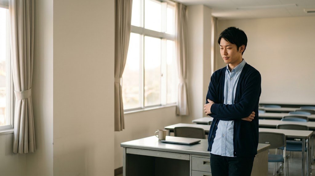 教員の給料は割に合わないのかと考えながら、夕方の職員室の窓辺に立つ20代の先生（イメージ）