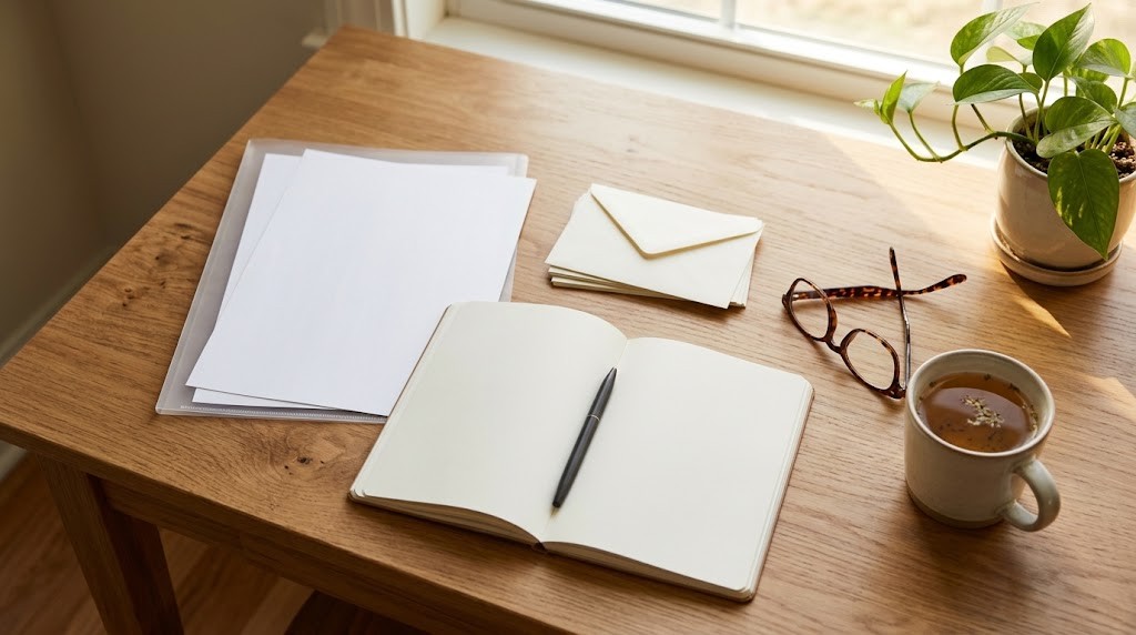 教員が休職中の給料や手当の手続きを確かめるために、書類とノート、封筒を整えた自宅の机の場面（イメージ）