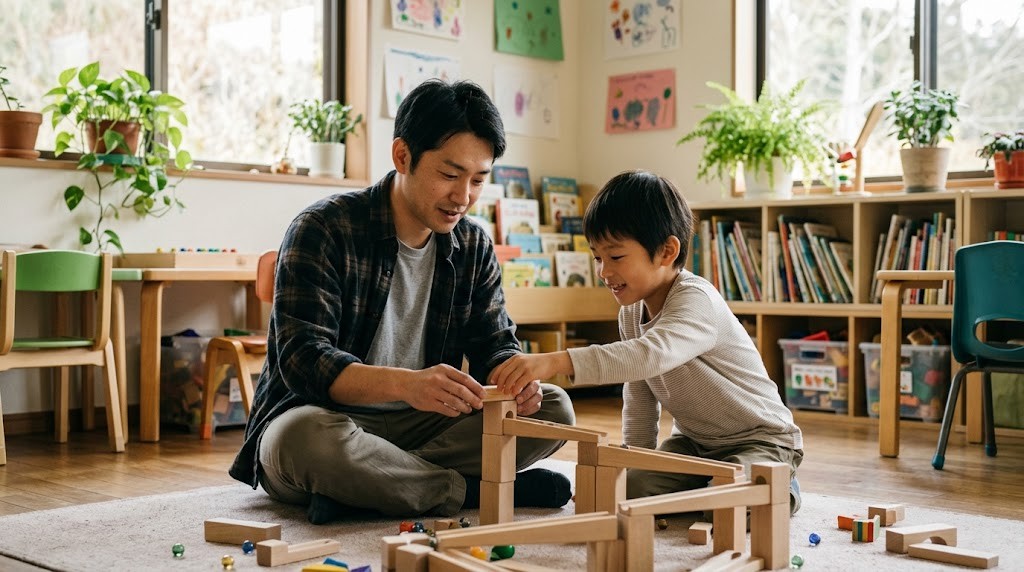 教員が休職のあとに選んだ道として、学校の外の学びの場で子どもと積み木の玉転がしを作る場面（イメージ）