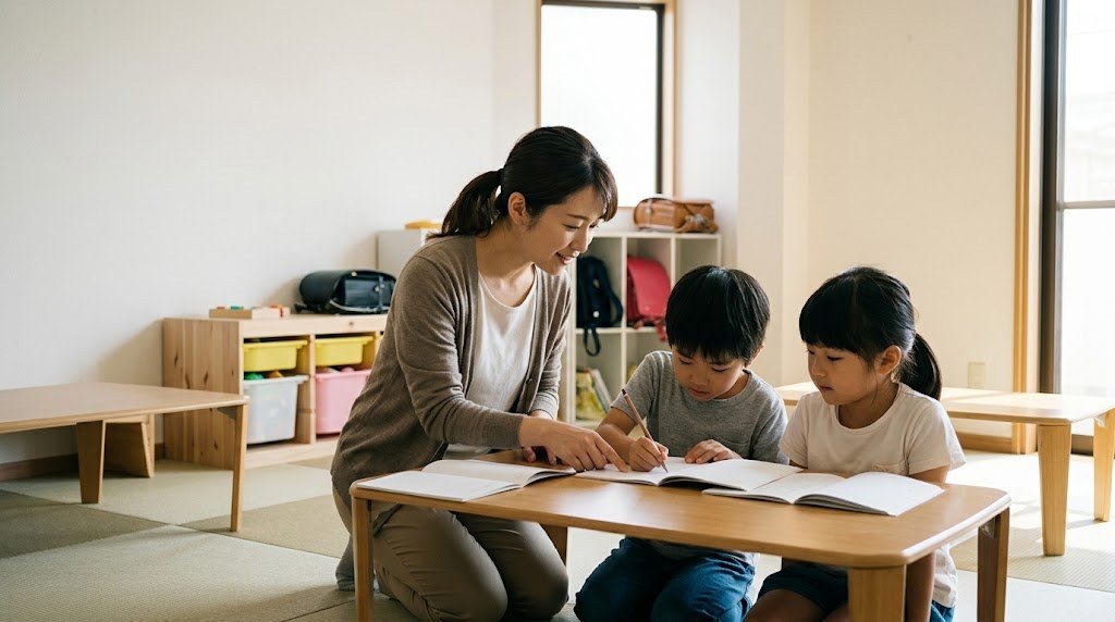 教員免許を持つ主婦が、放課後の学童で小学生の宿題をやさしく見守る場面(イメージ)