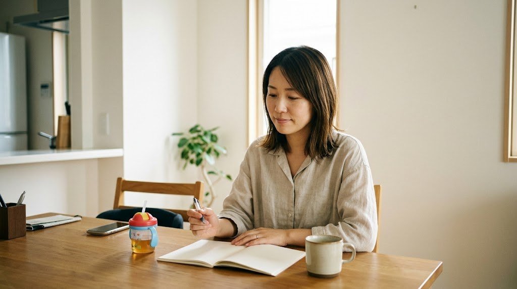 教員免許を活かして働きたい主婦が、朝のダイニングで1週間に使える時間を考える場面(イメージ)