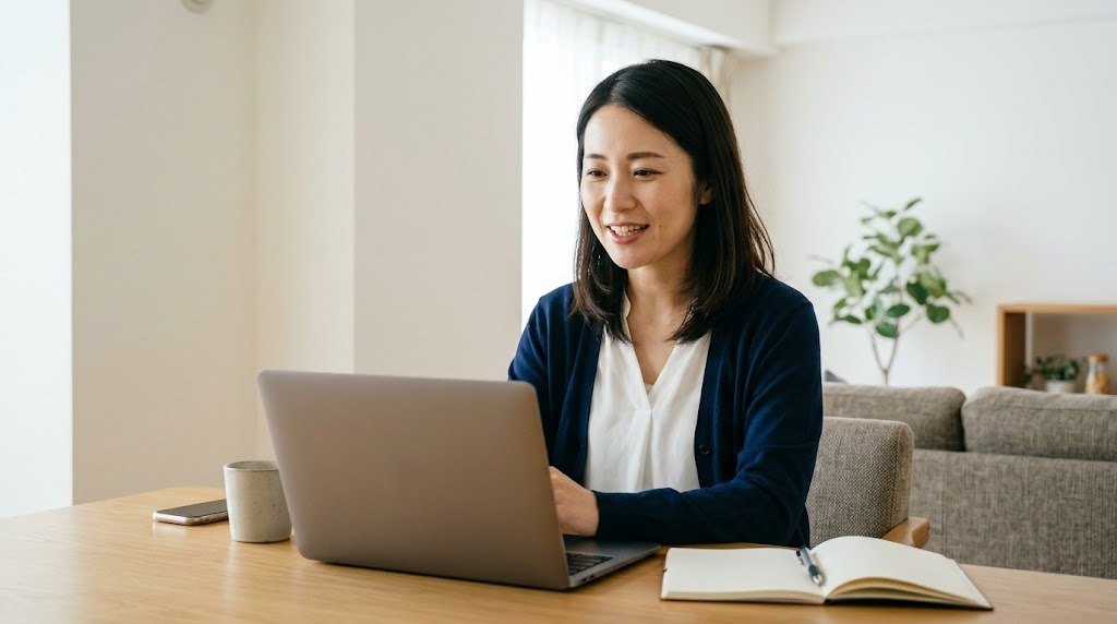 教員免許を活かして働きたい主婦が、自宅のリビングでオンライン面接に臨む場面(イメージ)
