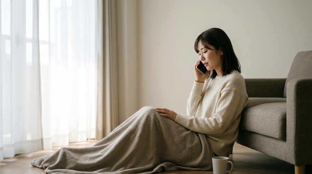 教員に向いてないと悩みつらさが強い日に、自宅の窓辺で電話相談をする女性の先生（イメージ）