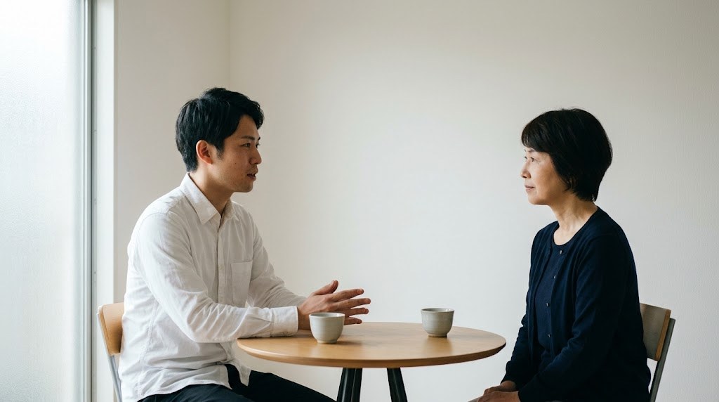 教員に向いてないと悩む若い男性の先生が、小さな相談室で先輩の先生に苦しい場面を話す（イメージ）