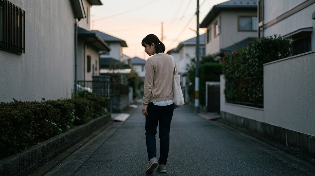 教員に向いてないのかもしれないと感じながら、夕暮れの住宅街の帰り道を歩く若い先生（イメージ）