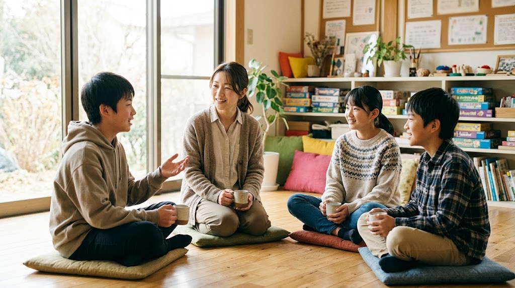 教員が年度途中の退職のあとに選んだ道として、学校の外の居場所で中学生たちと輪になって対話する場面（イメージ）