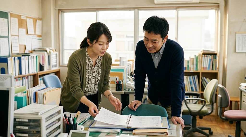 教員が年度途中の退職を前に、職員室で同僚とファイルを開いて引き継ぎの内容を確かめ合う場面（イメージ）