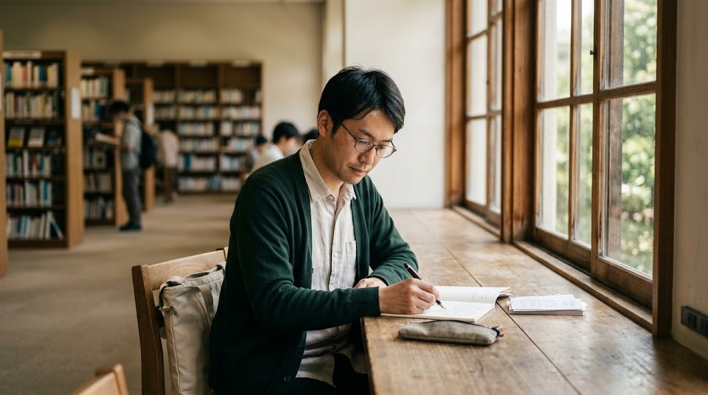 教員が人間関係のつらい状況を整理しようと、休日の図書館の窓辺でノートに書き出している場面(イメージ)