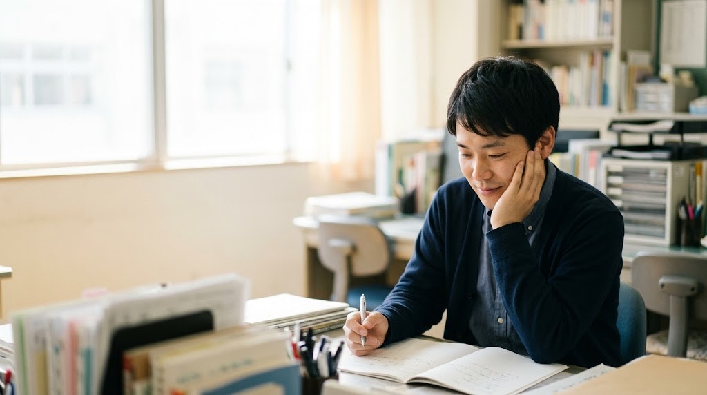 教員が人間関係のつらい気持ちを整理しようと、職員室の自分の机でノートを開いて静かに考える場面(イメージ)