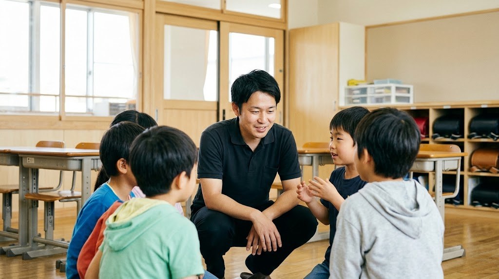 教員の理想と現実の間で、休み時間に子どもの話をじっくり聞く若い先生のイメージ
