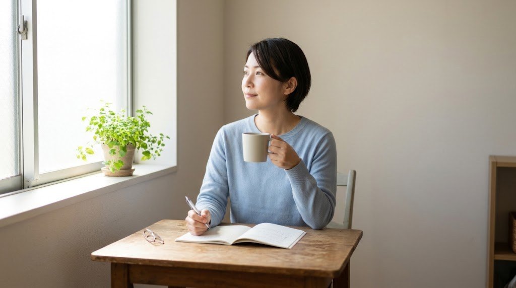 教員がしんどい日々を少し離れ、休日の朝に自宅の窓ぎわでこの先の道をノートに書き出す先生（イメージ）