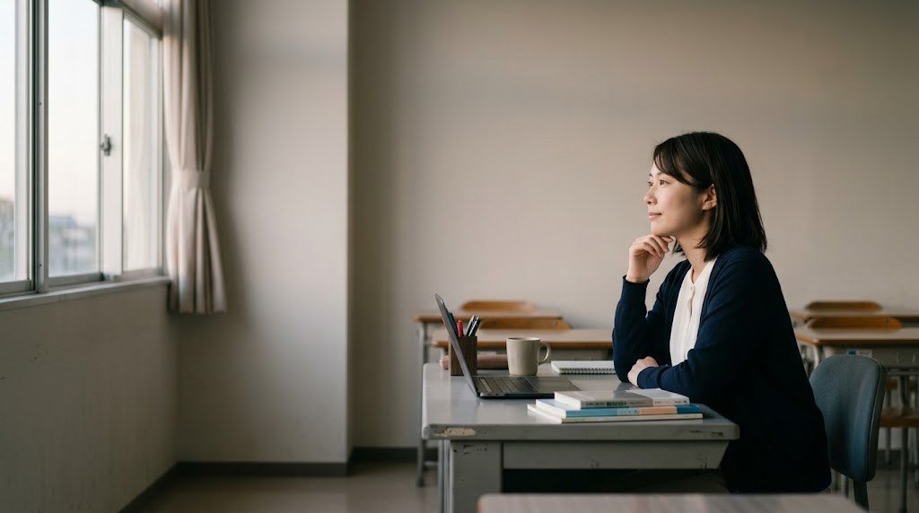 教員がしんどいと感じる放課後、職員室の窓ぎわで手を止めてひと息つく20代の先生（イメージ）