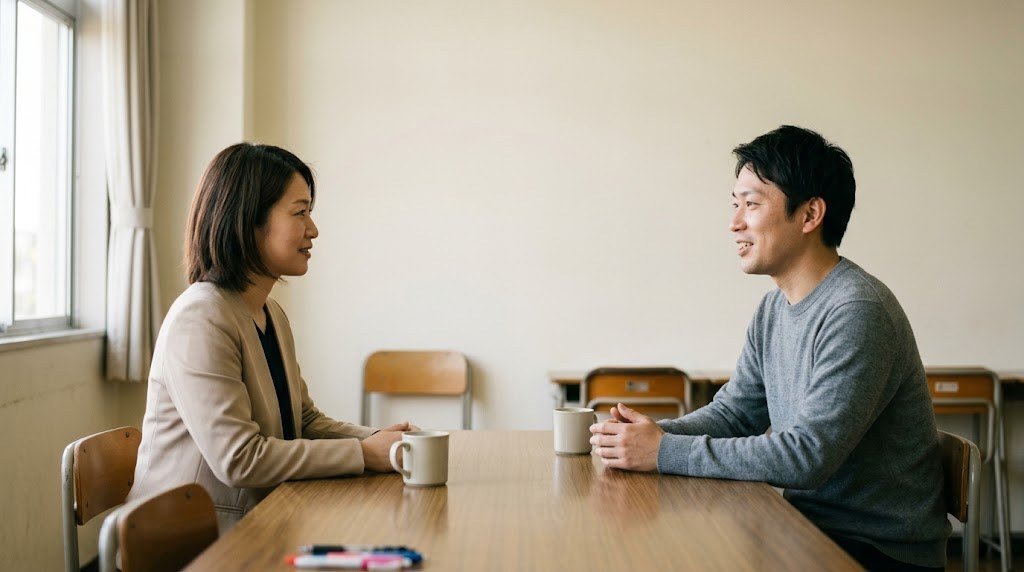教員のしんどさを一人で抱えないよう、放課後の小さな部屋で同僚の先生に話を聞いてもらう30代の先生（イメージ）