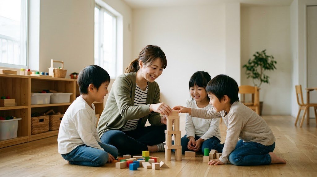 教員の退職を考えた先生が、学校の外の小さな教室で子どもたちと積み木で遊ぶ場面（イメージ）