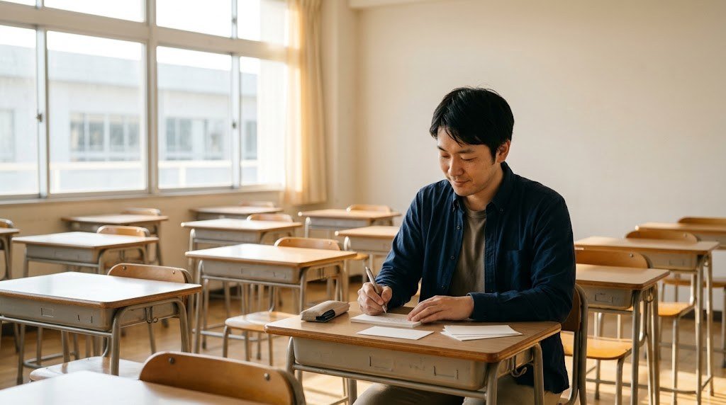教員の退職でやることの一つ、子ども一人ひとりの引き継ぎメモを放課後の教室で作る先生（イメージ）