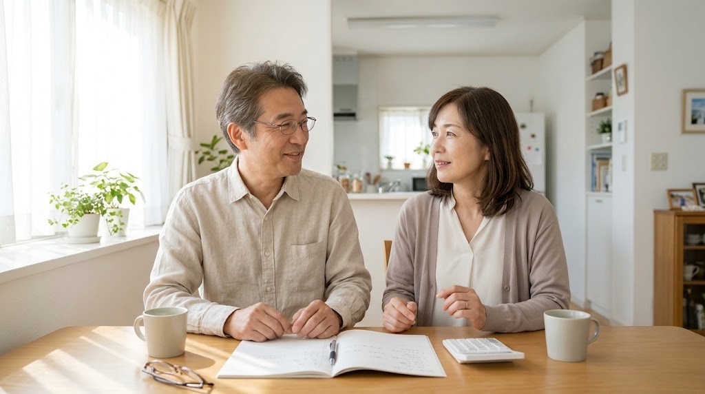 教員が退職金はいくら残るかを税金も含めて考え、夫婦で家計のノートを開いてこれからを話し合う場面（イメージ）
