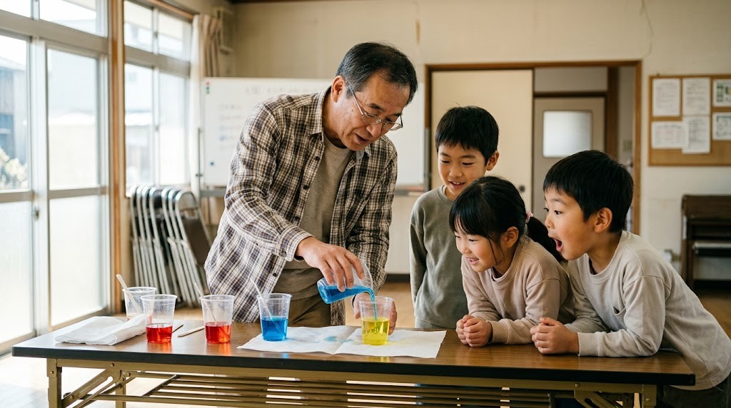 教員が退職金はいくらかを確かめたうえで選んだ、学校の外で子どもたちに色水の実験を見せる働き方の場面（イメージ）
