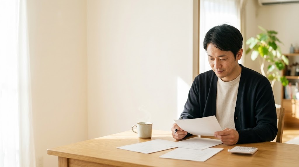 教員が退職金はいくらになるかを確かめようと、自宅の食卓で書類と電卓を広げて目を通す場面（イメージ）