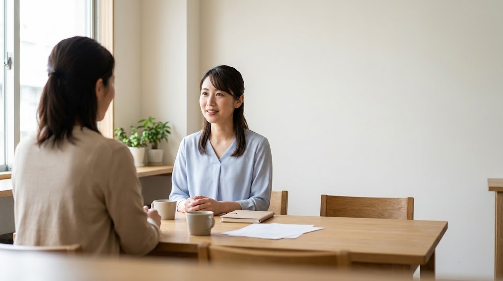 適応障害から回復してきた教員が、明るいカフェでキャリアの相談相手とこれからの働き方を話す場面(イメージ)