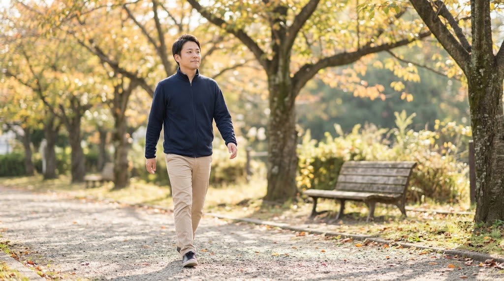 教員が適応障害で休んでいる間に、朝の公園をゆっくり散歩して生活のリズムを整える30代の先生(イメージ)