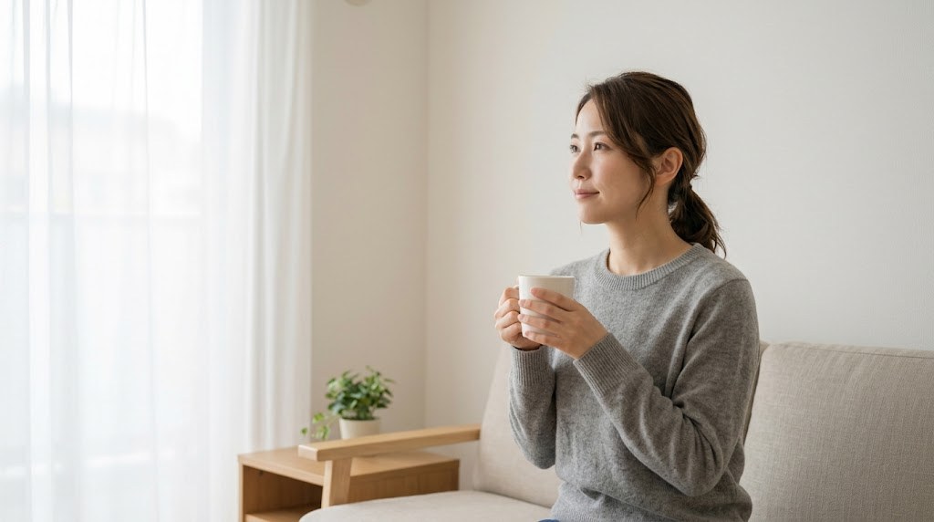 適応障害かもしれないと感じた20代の教員が、自宅の窓辺で温かい飲み物を手に静かに休む様子(イメージ)